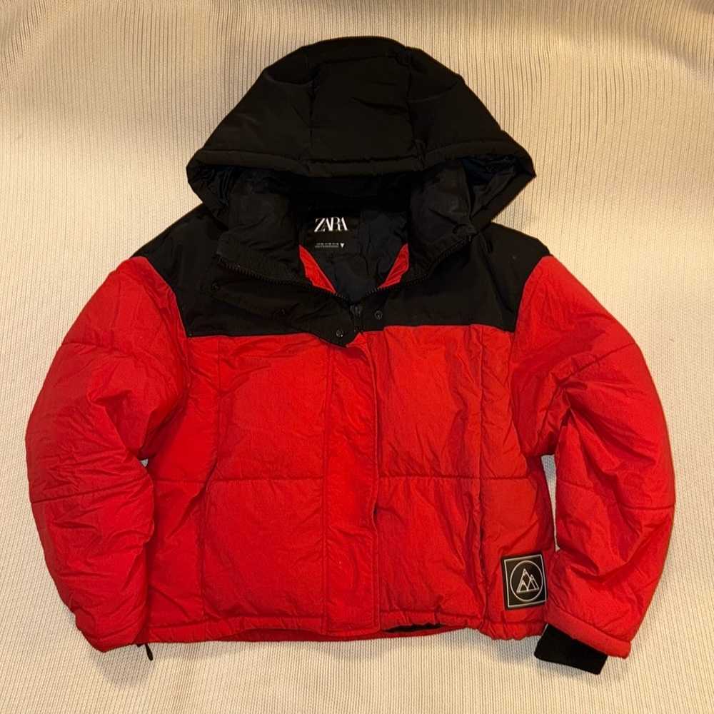 Zara Black And Red Cropped Puffer Coat
